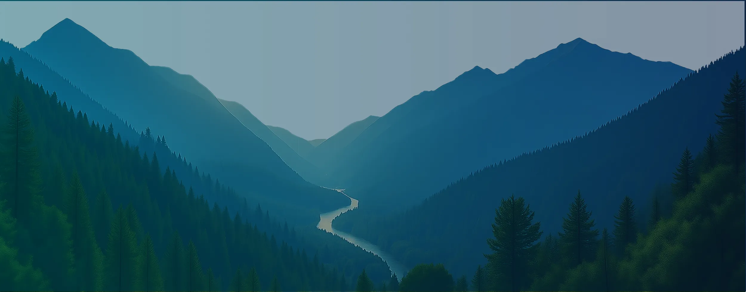 tranquil mountain valley view with narrow stream of water and gradient overlay